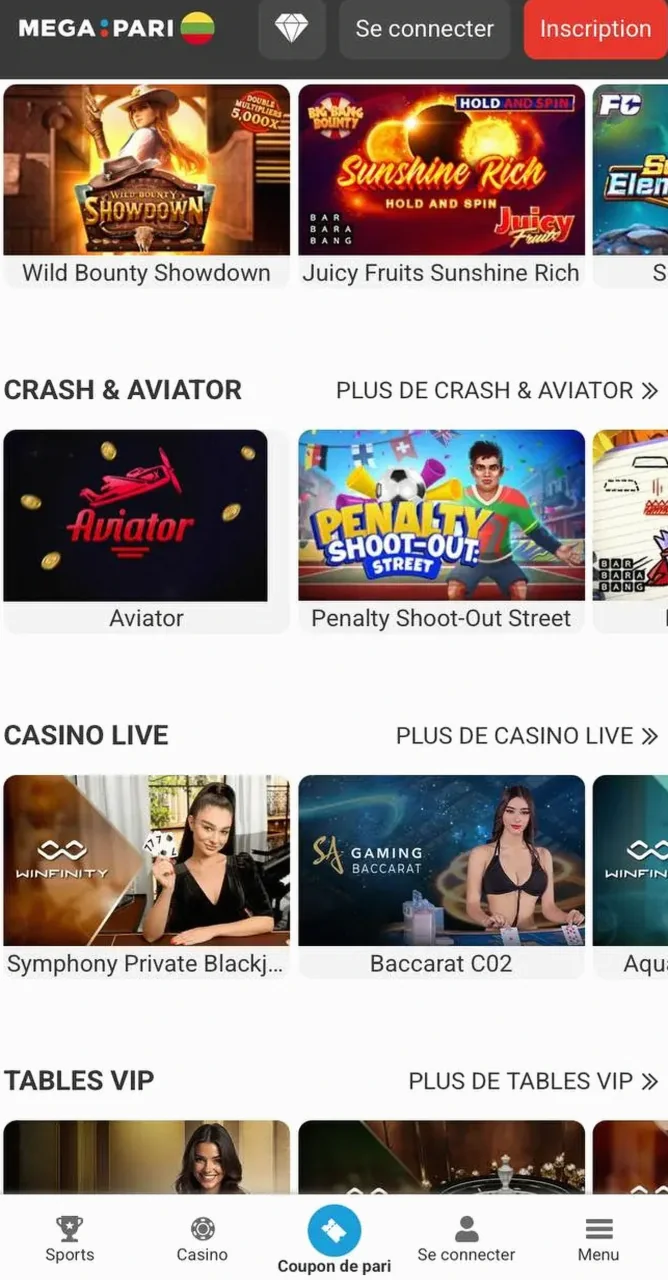 Application mobile Megapari sur smartphone avec les rubriques Crash et Aviator, casino live et la barre Sports, Casino et Coupon de pari