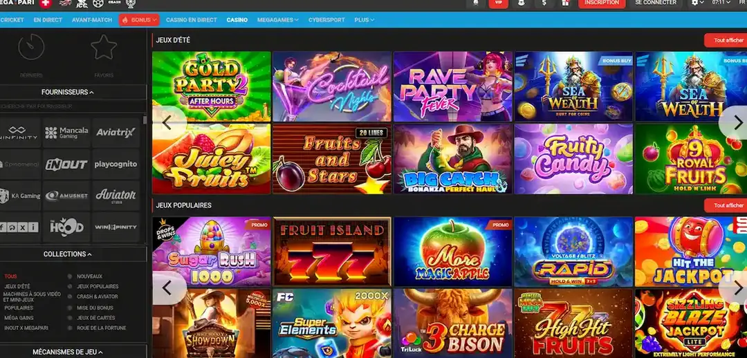 Lobby du casino en ligne Megapari avec les machines à sous populaires, les collections de jeux et la liste des fournisseurs