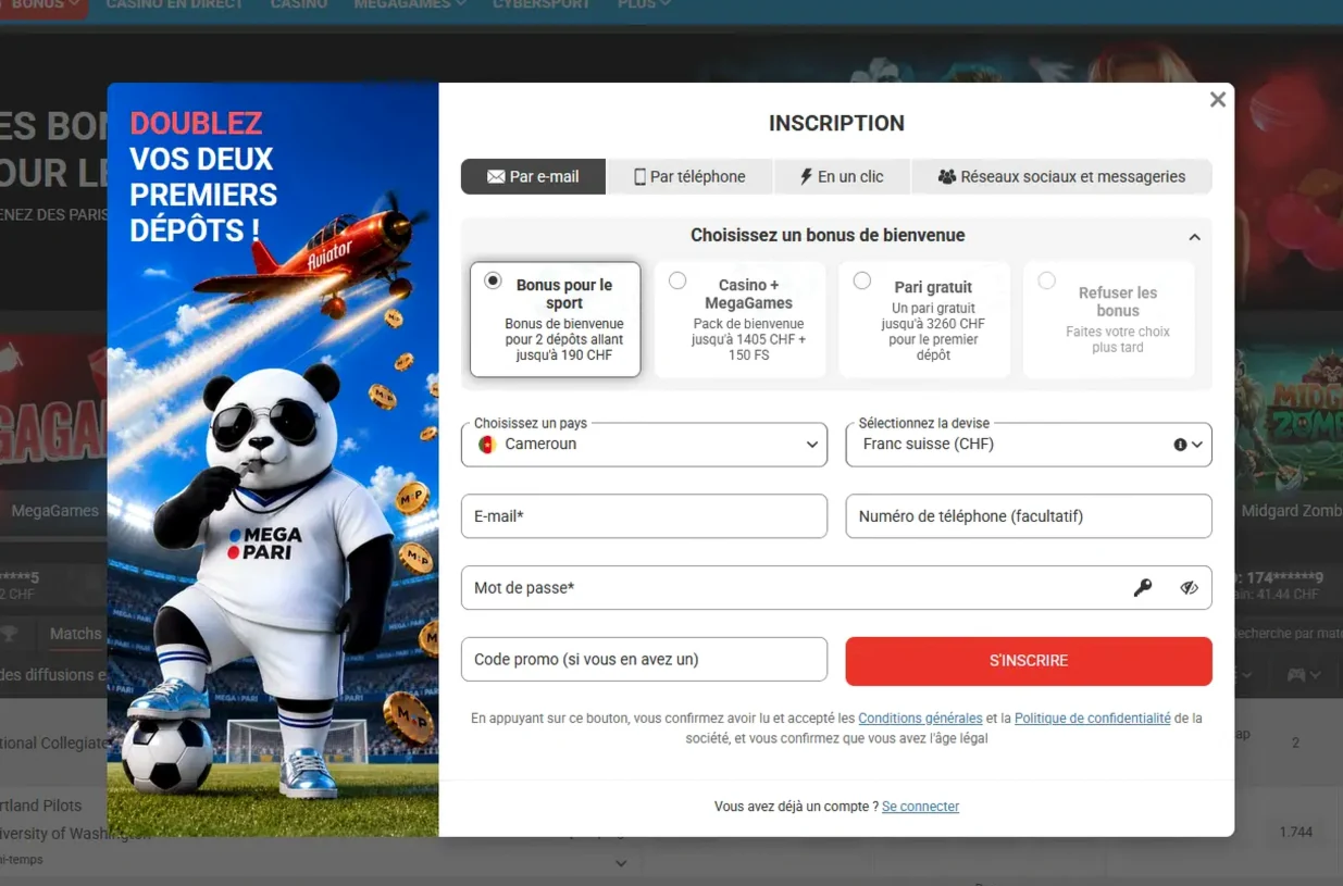 Formulaire d'inscription Megapari avec les quatre modes d'ouverture de compte, le choix du bonus de bienvenue et le champ code promo