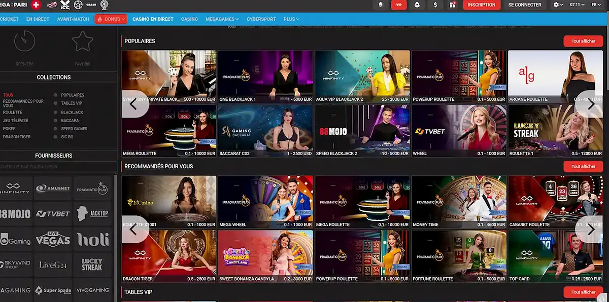 Casino en direct Megapari : tables de roulette, blackjack et baccara avec croupiers de Pragmatic Play, Winfinity et SA Gaming