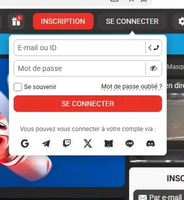 Fenêtre de connexion Megapari par e-mail ou identifiant, avec mot de passe oublié et connexion via Google ou Telegram